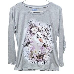 Disney Frozen Olaf Graphic Tee Womens Medium Gray Long Sleeve Floral Snowman Top